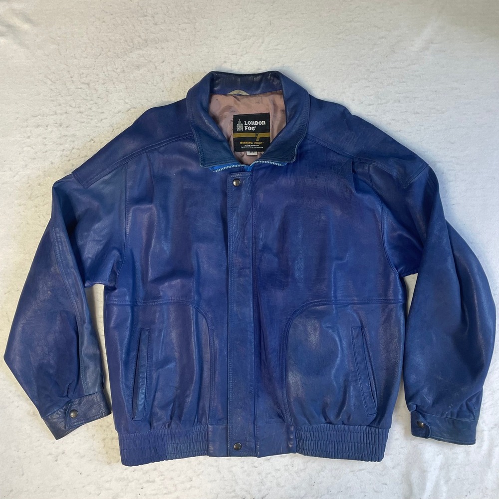 London Fog Leather Bomber Jacket Mens 42R Blue Vintage Full Zip Elastic Waist